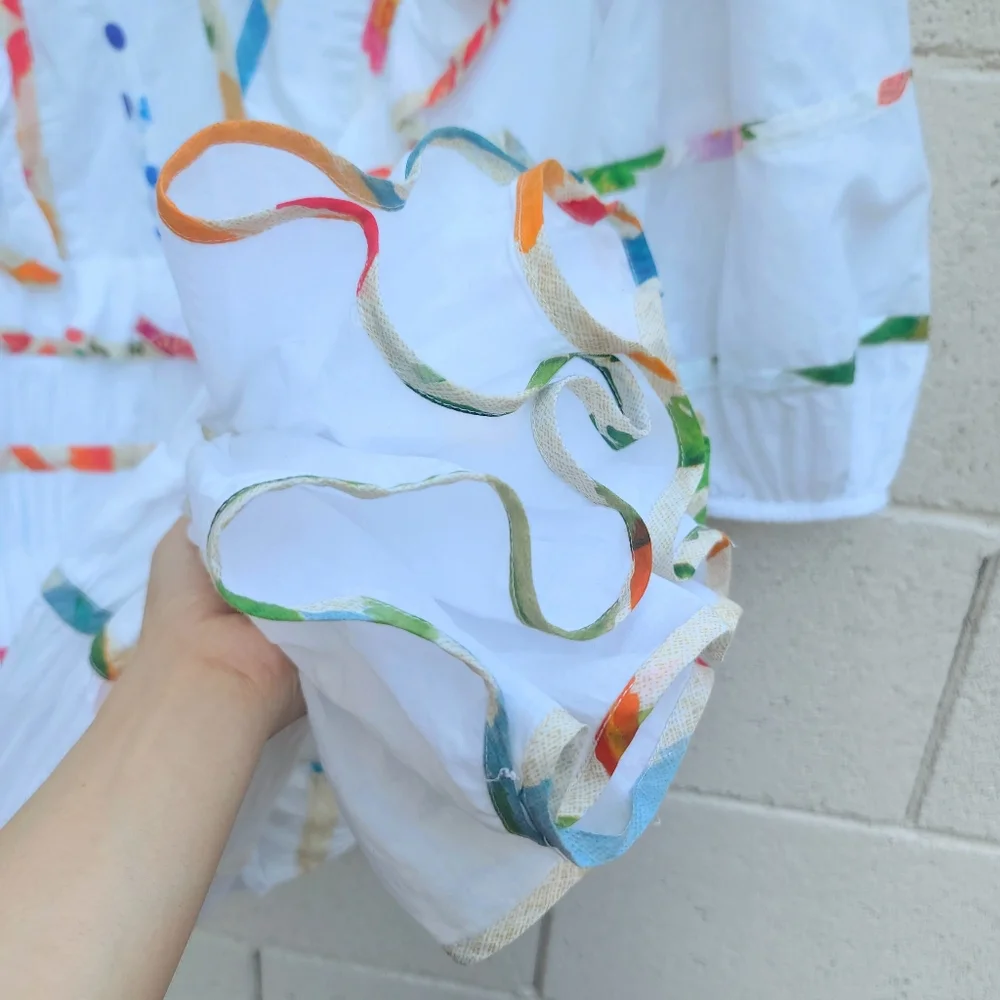 Farm Rio | Mixed Off-White Prints Midi Tiered Dress White Rainbow Size Large - Picture 11 of 14